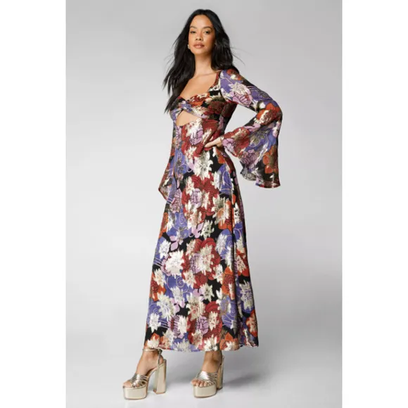 Nasty Gal Dress Floral Metallic Bell Sleeve Maxi Sz 6 Party Boho Retro 70s Disco