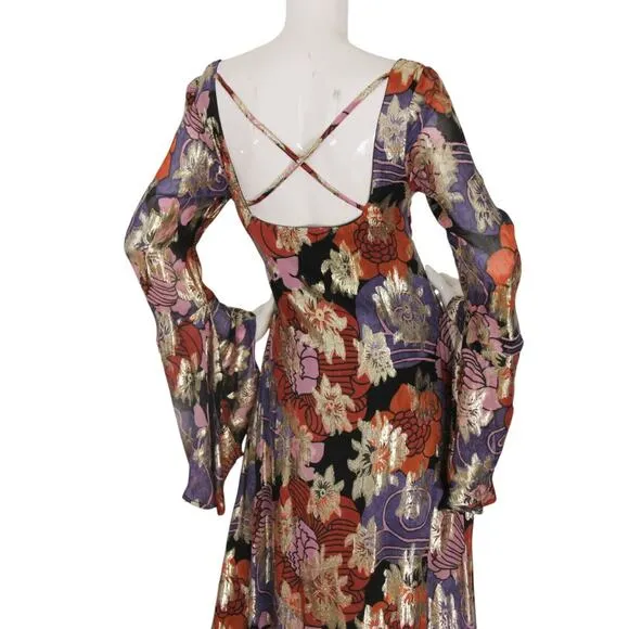 Nasty Gal Dress Floral Metallic Bell Sleeve Maxi Sz 6 Party Boho Retro 70s Disco