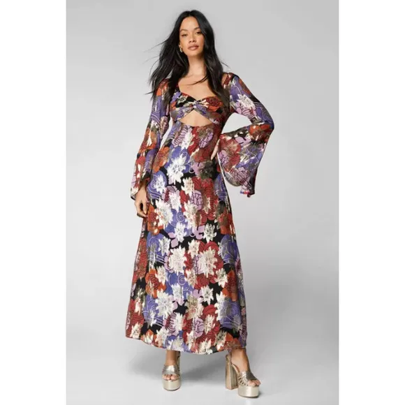 Nasty Gal Dress Floral Metallic Bell Sleeve Maxi Sz 6 Party Boho Retro 70s Disco