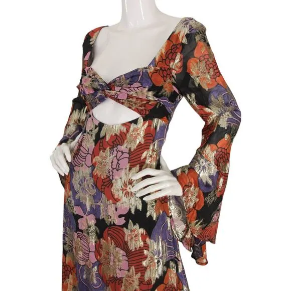Nasty Gal Dress Floral Metallic Bell Sleeve Maxi Sz 6 Party Boho Retro 70s Disco