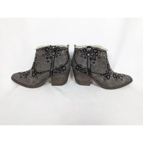 Naughty Monkey 9.5 Sewn Up Ankle Boots Booties Floral Embroidered Frayed Boho