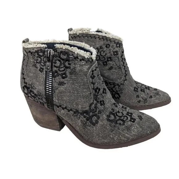 Naughty Monkey 9.5 Sewn Up Ankle Boots Booties Floral Embroidered Frayed Boho