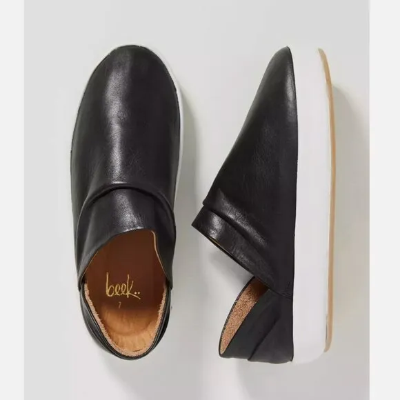 NEW Anthro Beek Jay Handmade Leather Slip-On Flat Sneaker Slide Shoes Black Sz 9