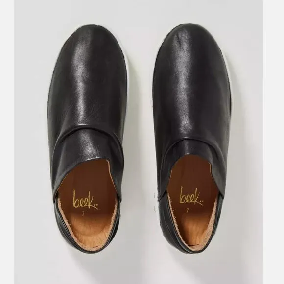 NEW Anthro Beek Jay Handmade Leather Slip-On Flat Sneaker Slide Shoes Black Sz 9