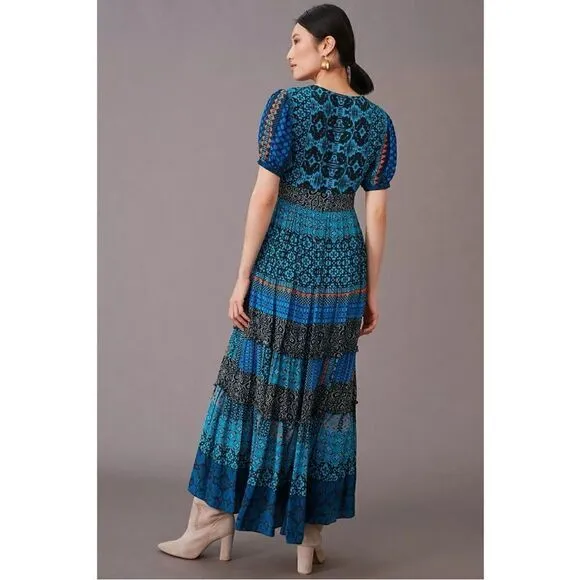 NEW Anthropologie Bhanuni by Jyoti Marian Boho Tiered V-Neck Maxi Dress Size 10