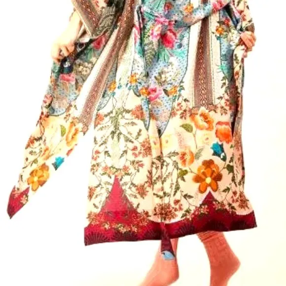 NEW ARRIVAL!!!  BOHO HIP FLOOR LENGTH MULTI-PRINTED KIMONO FLOWERS, WIDE SLEEVES