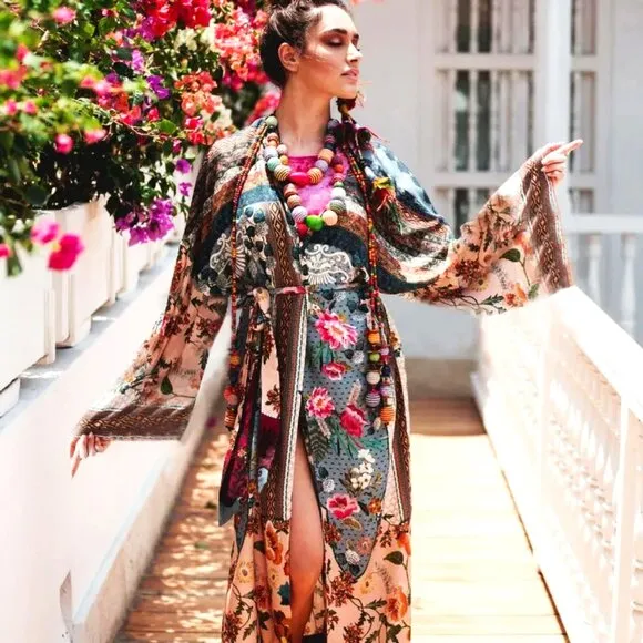 NEW ARRIVAL!!!  BOHO HIP FLOOR LENGTH MULTI-PRINTED KIMONO FLOWERS, WIDE SLEEVES