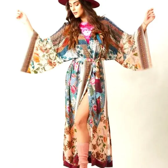 NEW ARRIVAL!!!  BOHO HIP FLOOR LENGTH MULTI-PRINTED KIMONO FLOWERS, WIDE SLEEVES