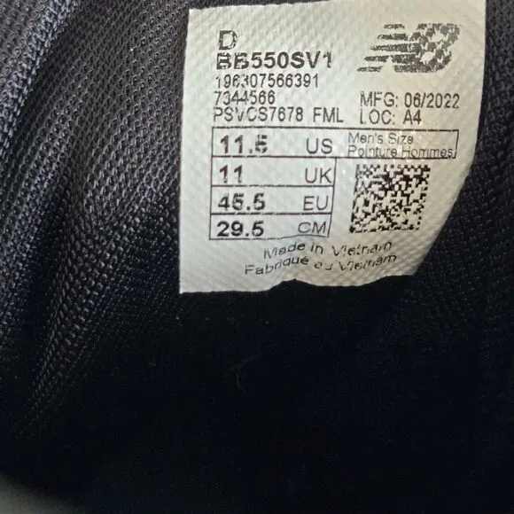 New Balance 550 'Black White' Leather BB550SV1 Retro Shoes Men Sz‎ 11.5 Panda