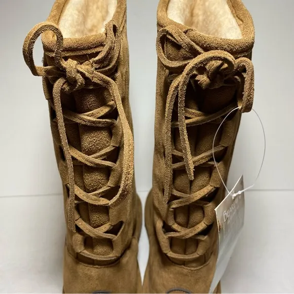 New BearPaw Women’s Phylly Hickory II Tan Suede Lace-Up Boots Size 11