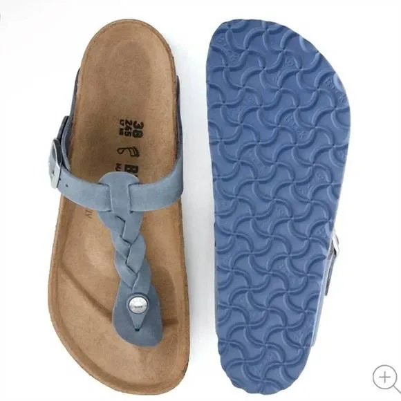 NEW BIRKENSTOCK women's gizeh oiled leather braided sandals in dusty blue