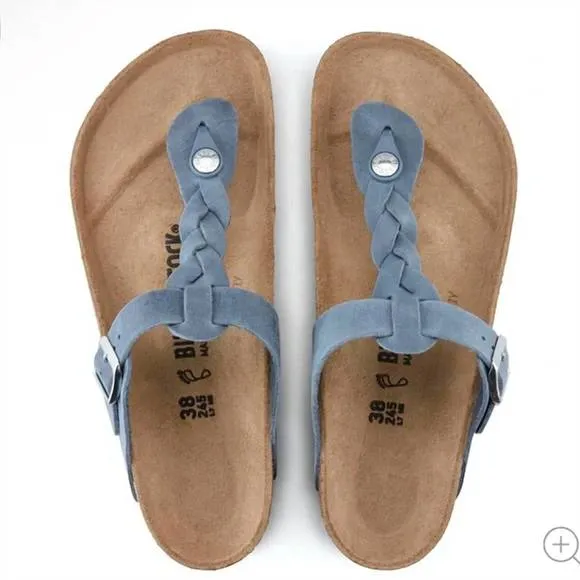 NEW BIRKENSTOCK women's gizeh oiled leather braided sandals in dusty blue