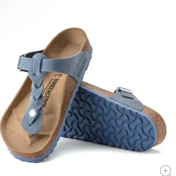 NEW BIRKENSTOCK women's gizeh oiled leather braided sandals in dusty blue