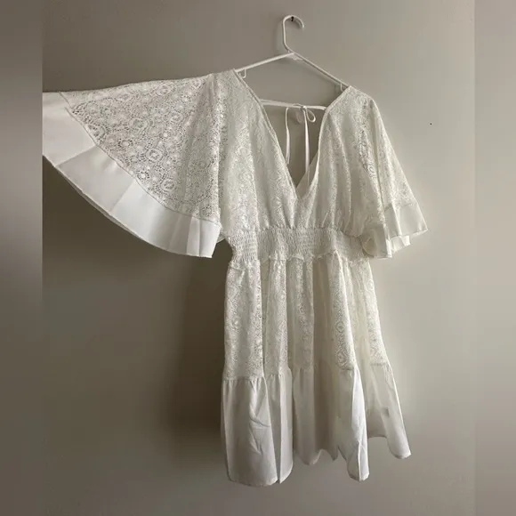 New Boho Lace Overlay Batwing Sleeve Mini Dress in White, Women’s Size Large