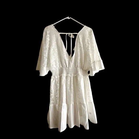 New Boho Lace Overlay Batwing Sleeve Mini Dress in White, Women’s Size Large