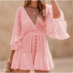 New Boho Lace Overlay Batwing Sleeve Mini Dress in White, Women’s Size Large
