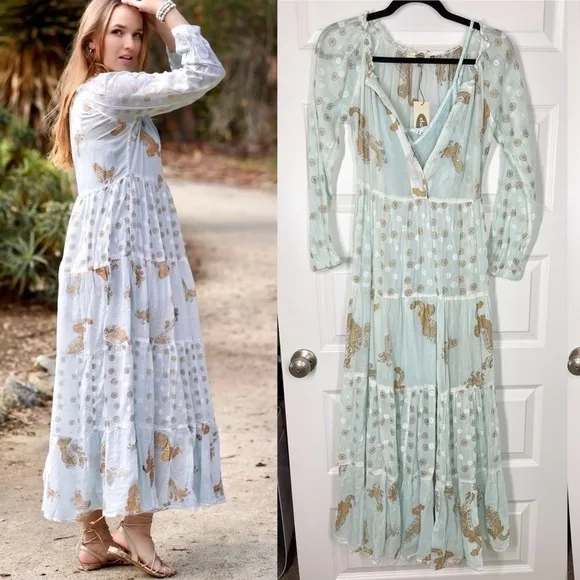 New Boutique dolma Pamo Tiered Boho Cotton Maxi Dress in Aqua Mint