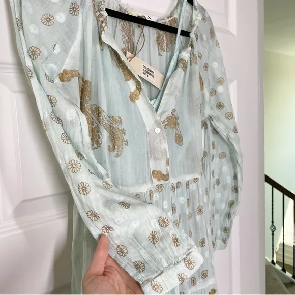 New Boutique dolma Pamo Tiered Boho Cotton Maxi Dress in Aqua Mint