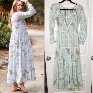 New Boutique dolma Pamo Tiered Boho Cotton Maxi Dress in Aqua Mint