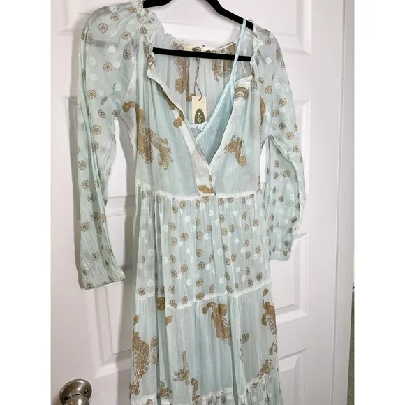 New Boutique dolma Pamo Tiered Boho Cotton Maxi Dress in Aqua Mint