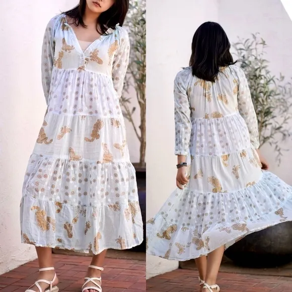 New Boutique dolma Pamo Tiered Boho Cotton Maxi Dress in Aqua Mint