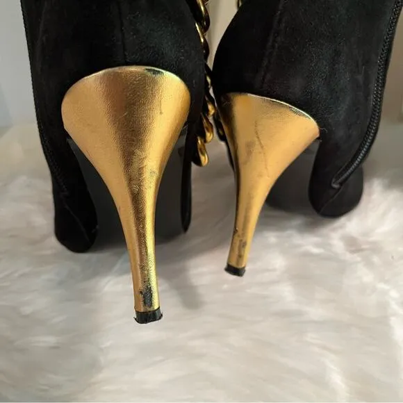 NEW Colin Stuart Suede &amp; Metallic Chain Link High Heel Retro Boots Black Gold …
