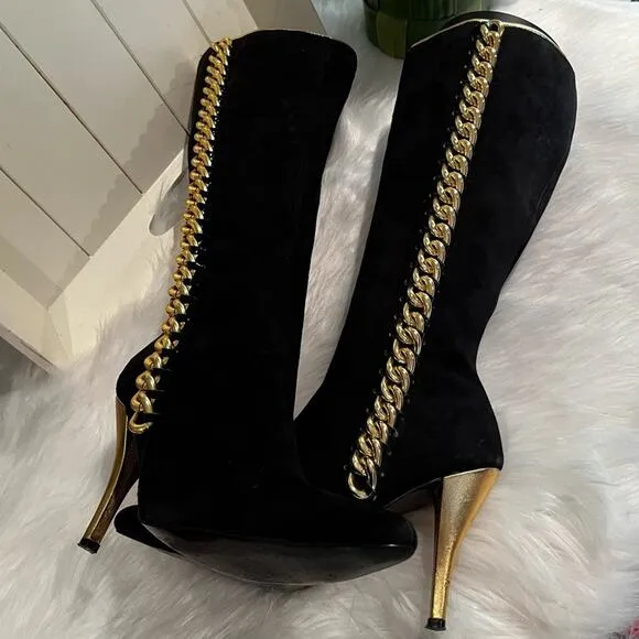 NEW Colin Stuart Suede &amp; Metallic Chain Link High Heel Retro Boots Black Gold …