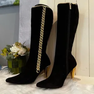 NEW Colin Stuart Suede &amp; Metallic Chain Link High Heel Retro Boots Black Gold …