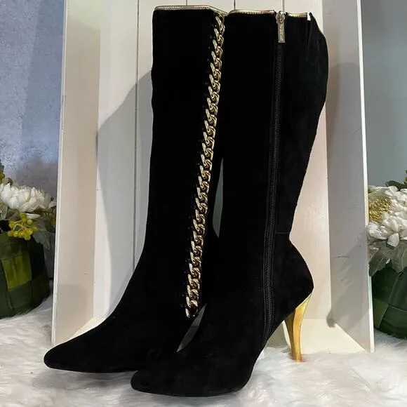 NEW Colin Stuart Suede &amp; Metallic Chain Link High Heel Retro Boots Black Gold …