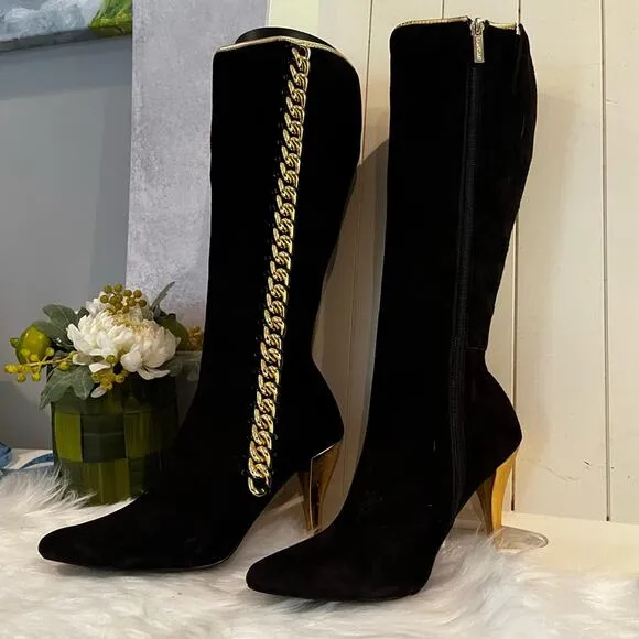 NEW Colin Stuart Suede &amp; Metallic Chain Link High Heel Retro Boots Black Gold …