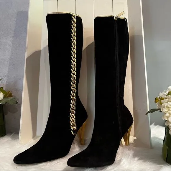 NEW Colin Stuart Suede &amp; Metallic Chain Link High Heel Retro Boots Black Gold …