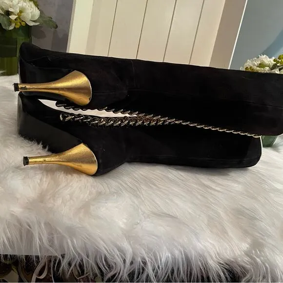 NEW Colin Stuart Suede &amp; Metallic Chain Link High Heel Retro Boots Black Gold …