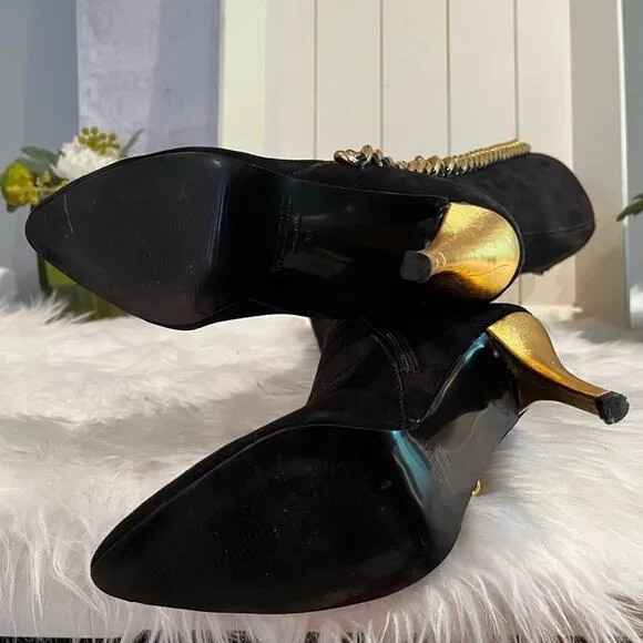 NEW Colin Stuart Suede &amp; Metallic Chain Link High Heel Retro Boots Black Gold …