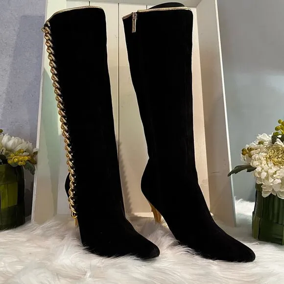 NEW Colin Stuart Suede &amp; Metallic Chain Link High Heel Retro Boots Black Gold …