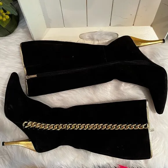 NEW Colin Stuart Suede &amp; Metallic Chain Link High Heel Retro Boots Black Gold …