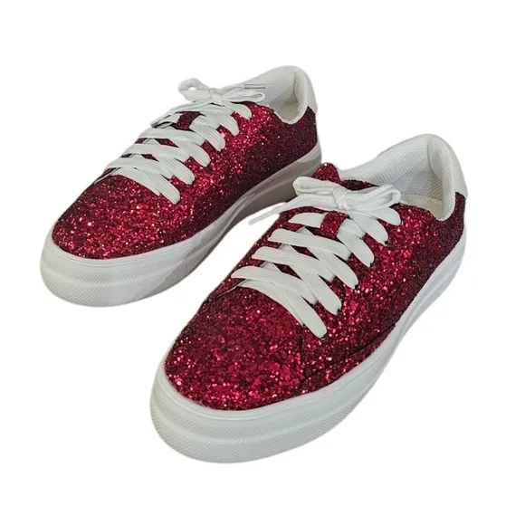 New Corkys Glaring Red Glitter Womens Chunky Sneakers Size 7 Hey Girl