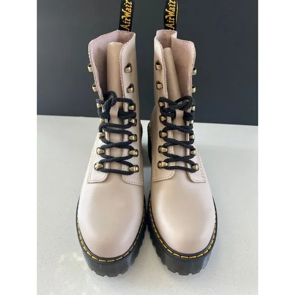NEW DR MARTENS LEONA WOMEN'S TAUPE SENDAL LEATHER HEELED BOOTS SIZE 9