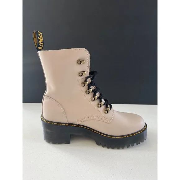 NEW DR MARTENS LEONA WOMEN'S TAUPE SENDAL LEATHER HEELED BOOTS SIZE 9