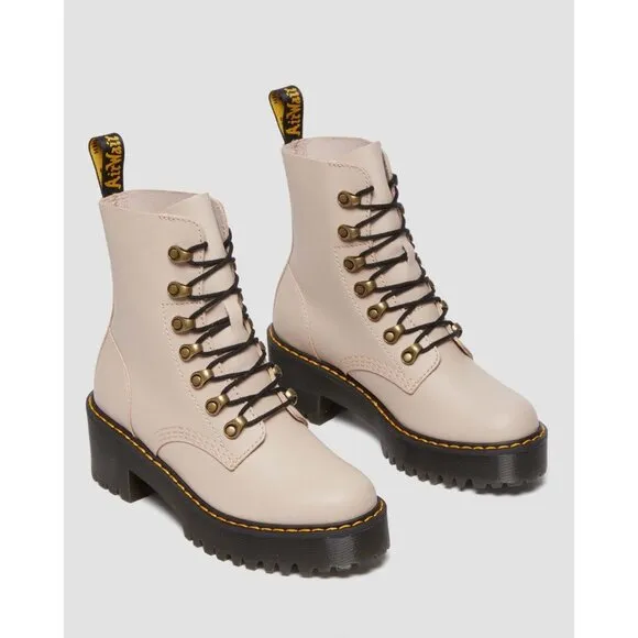 NEW DR MARTENS LEONA WOMEN'S TAUPE SENDAL LEATHER HEELED BOOTS SIZE 9