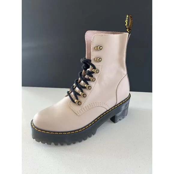NEW DR MARTENS LEONA WOMEN'S TAUPE SENDAL LEATHER HEELED BOOTS SIZE 9