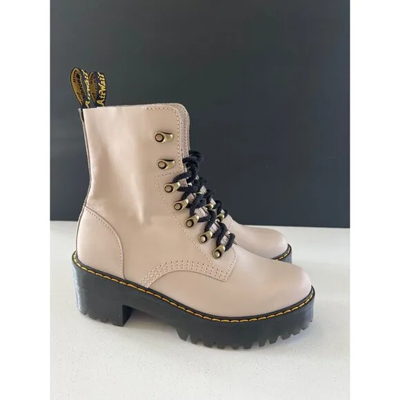 NEW DR MARTENS LEONA WOMEN'S TAUPE SENDAL LEATHER HEELED BOOTS SIZE 9