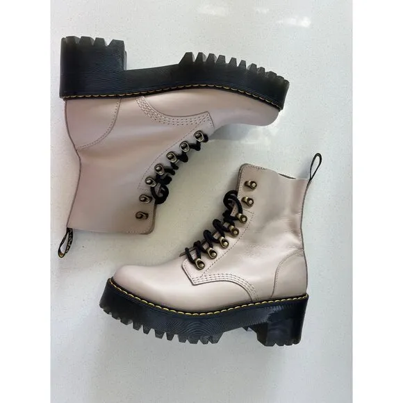 NEW DR MARTENS LEONA WOMEN'S TAUPE SENDAL LEATHER HEELED BOOTS SIZE 9