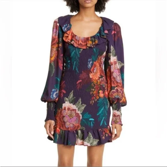 NEW FARM Rio Flower Scarves Smocked Bell Sleeve Dress Relaxed Blouson Floral S