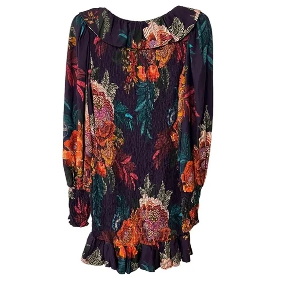 NEW FARM Rio Flower Scarves Smocked Bell Sleeve Dress Relaxed Blouson Floral S