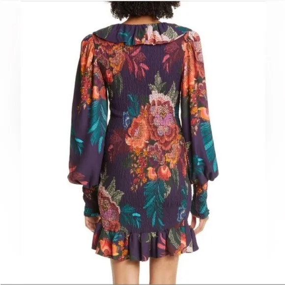 NEW FARM Rio Flower Scarves Smocked Bell Sleeve Dress Relaxed Blouson Floral S