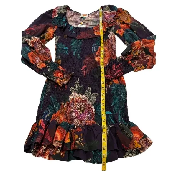 NEW FARM Rio Flower Scarves Smocked Bell Sleeve Dress Relaxed Blouson Floral S