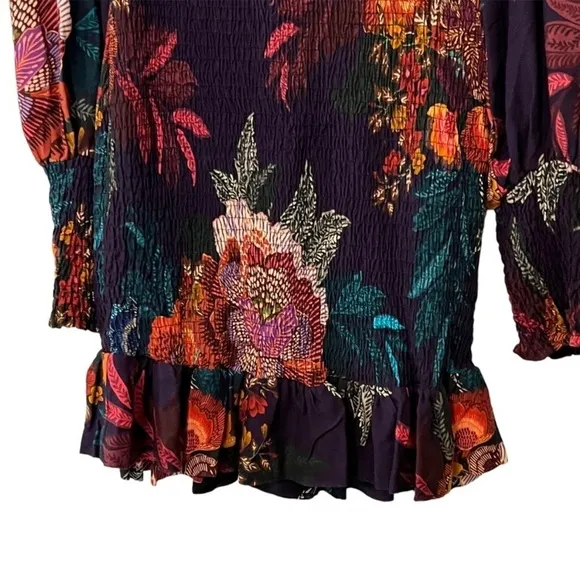 NEW FARM Rio Flower Scarves Smocked Bell Sleeve Dress Relaxed Blouson Floral S