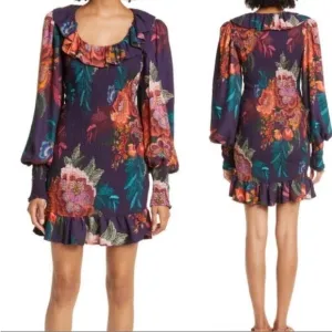 NEW FARM Rio Flower Scarves Smocked Bell Sleeve Dress Relaxed Blouson Floral S