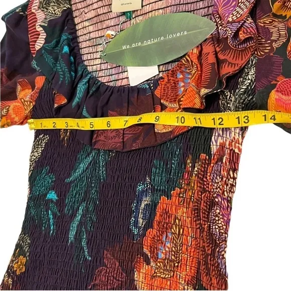 NEW FARM Rio Flower Scarves Smocked Bell Sleeve Dress Relaxed Blouson Floral S