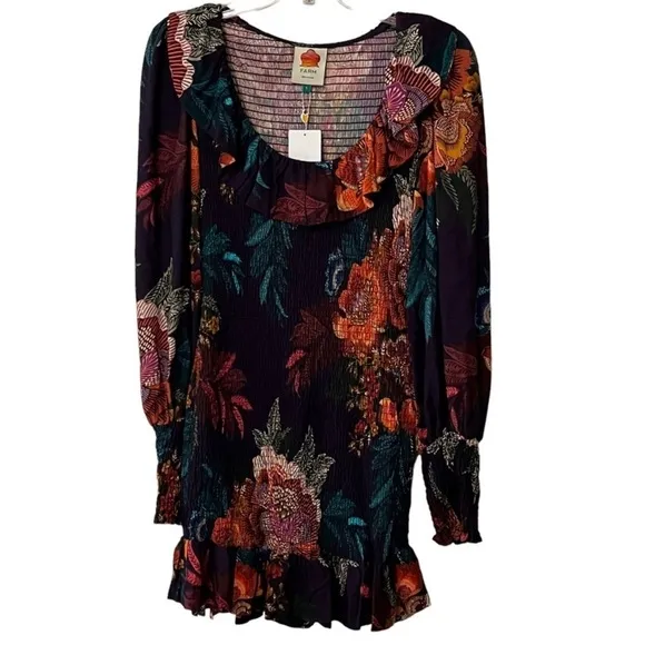 NEW FARM Rio Flower Scarves Smocked Bell Sleeve Dress Relaxed Blouson Floral S